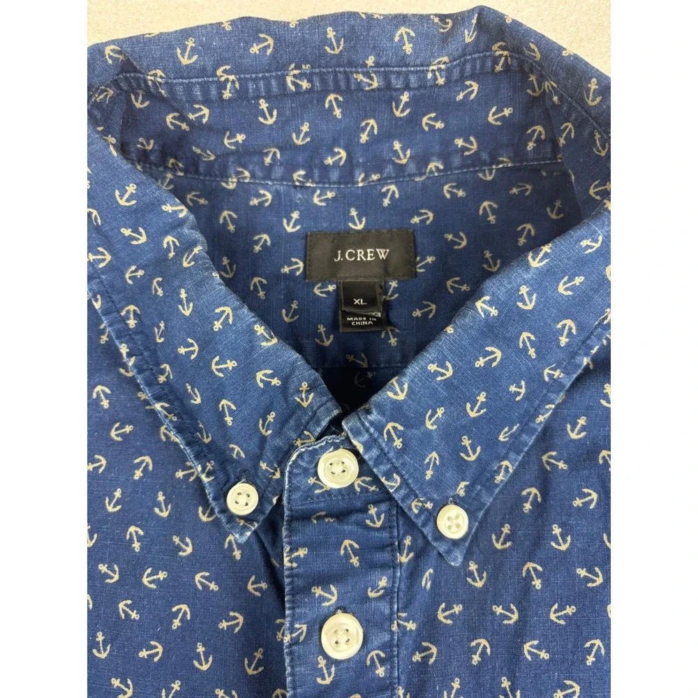 J.Crew Mens XL Popover Shirt Blue Anchor Print Short Sleeve Button Down Casual